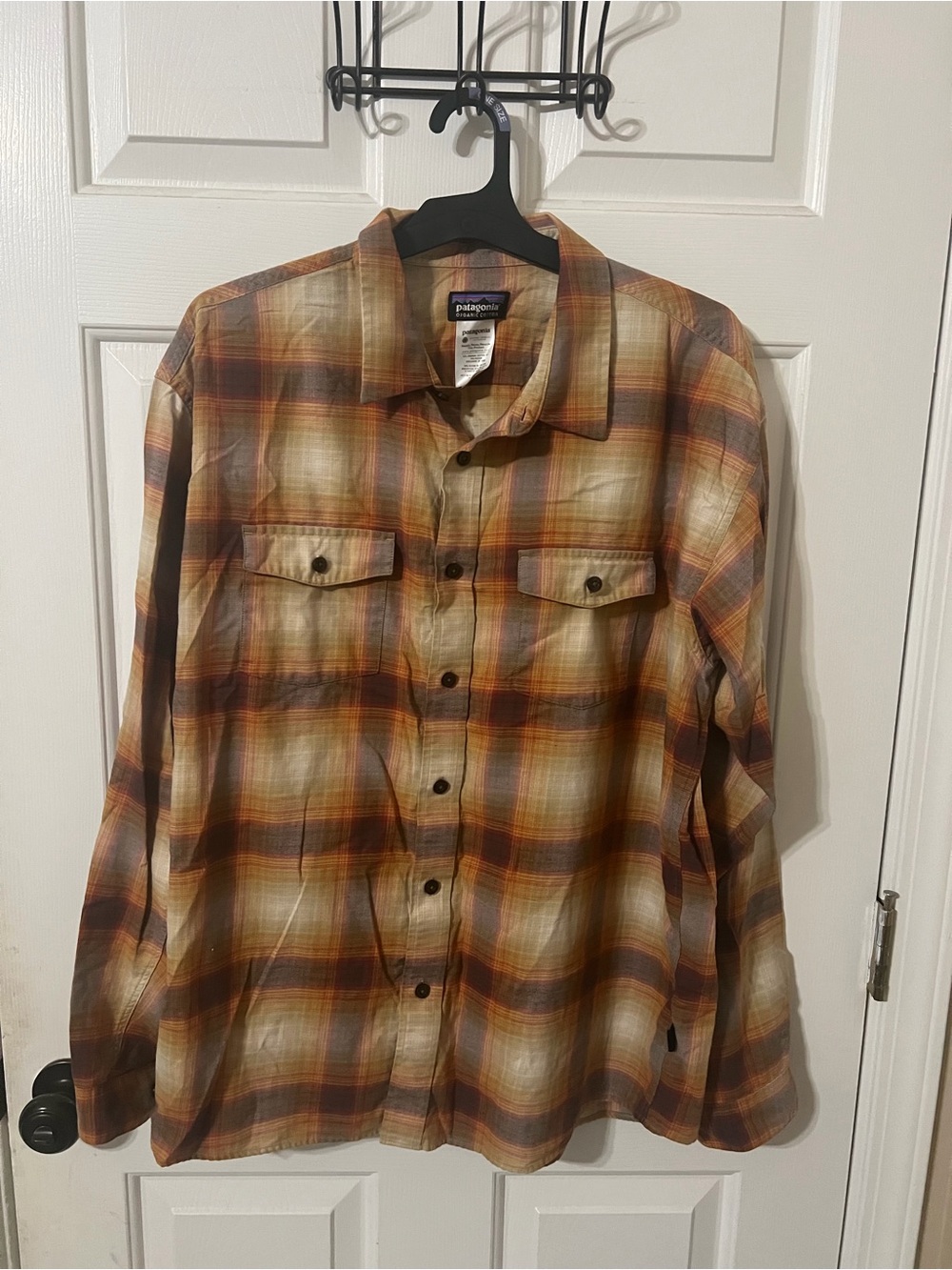 Patagonia Cotton Long Sleeve Plaid Shirt Mens XL Outdoors Fall Orange Brown Cozy